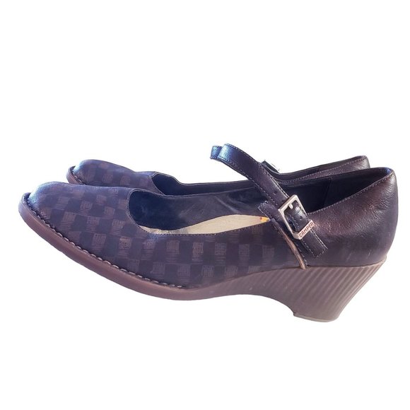 Camper Mary Jane heels size 40 wedge navy/brown checkered print, leather. - Picture 3 of 11